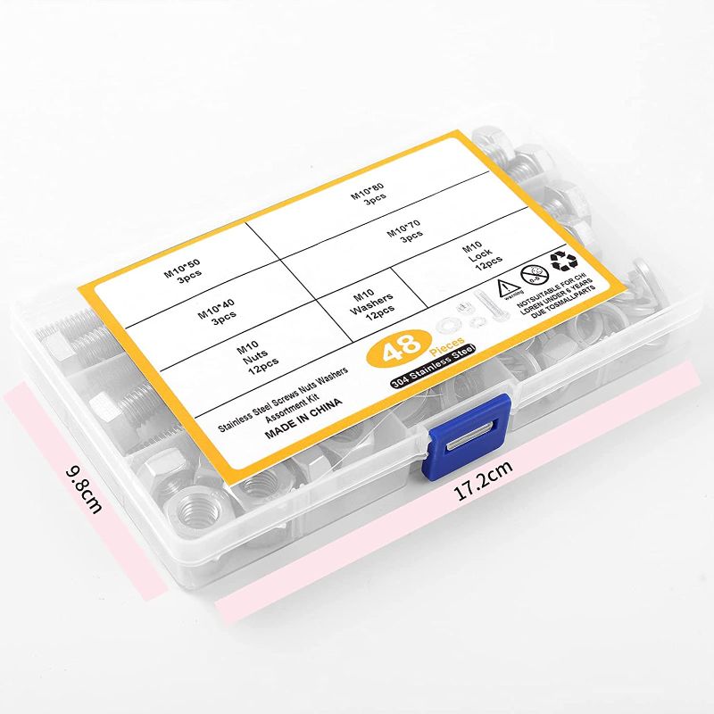 Photo 1 of 48PCS M10 Heavy Duty Screws Hexagon Bolts and Nuts Flat Lock Washers Set, 304 Stainless Steel Bolts Screws Nuts Washers Assortment Kit, 40mm 50mm 70mm 80mm
