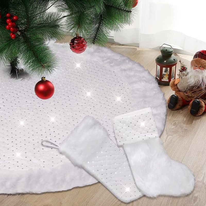 Photo 1 of ANWING 48 Inch Christmas Tree Plush Skirt with 2 Christmas Stocking Big Size Round Xmas Tree Skirt Decoration White Mat Base Cover for Holiday Christmas Decorations, Double Layers