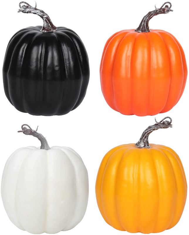 Photo 1 of 6 Inch Mid Halloween Plastic Pumpkins for Decorating - 4PCS Mid Large Decorative Foam Pumpkins for Fall Decor, Colorful Artificial Plastic Pumpkins Perfect for Halloween Decor Thanksgiving Table Decor