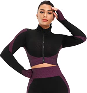 Photo 1 of Redqenting Women’s Cute Crop Tops Long Sleeve Yoga Seamless Shirts with Thumb Holes Zip Up Sweatshirt