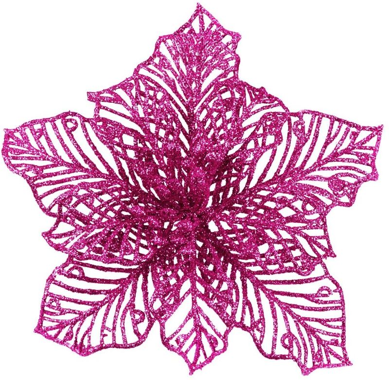 Photo 1 of 24 Pcs Christmas Pink Glitter Mesh Holly Leaf Artificial Poinsettia Flowers Stems Tree Ornaments 6.6" W for Pink Christmas Tree Wreath Garland Gift Floral Winter Wedding Holiday Decoration