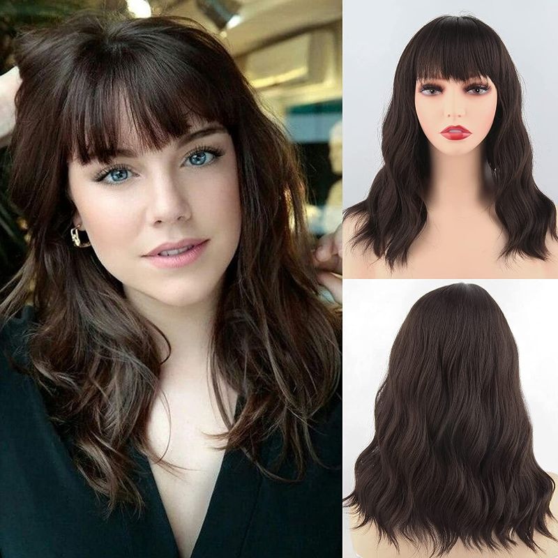 Photo 1 of Headband Wig with Bangs for Women Brown Wavy Hair Short Colored Synthetic Heat Resistant Wigs Natural Looking for Cosplay Daily Party(14",Brown)