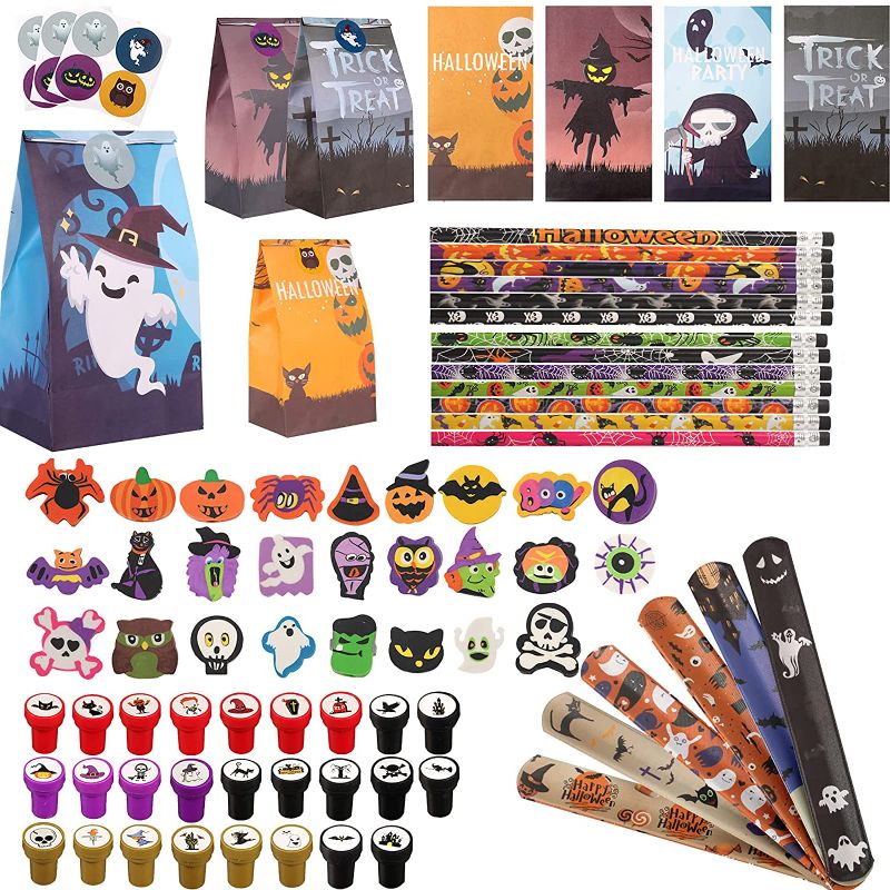 Photo 1 of Dohance 130 Pcs Halloween Assorted Stamps Kids Gift Set, Including 26 Eraser, 26 Pencil, 26 Candy Bag, 26 Slap Bracelets, 26 Stamper, Halloween Themed Stationery Trick Treat Party Favor Toy