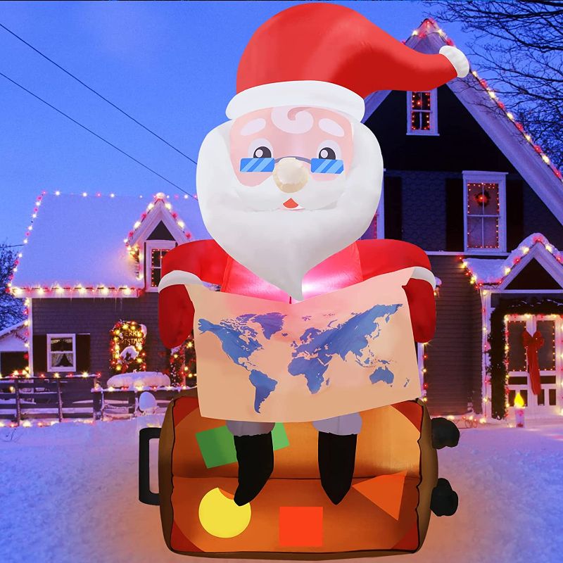 Photo 1 of 6..3FT Santa Tour Christmas Inflatable Decorations, Santa Travels Around The World with Map & Suitcase Restart Cross-Border Air Travel Outdoor Decor Built-in LED Light with ...