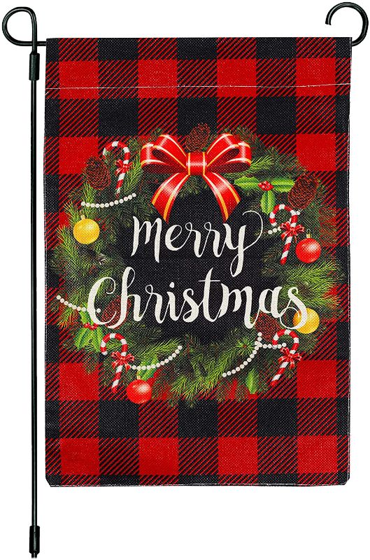 Photo 1 of CYNOSA Christmas Wreath Garden Flag, Buffalo Check Plaid Merry Christmas Flag Vertical Double Sided, Winter Valentine's Day Farmhouse Garland Flag Outdoor Yard Home Decorations 12.5 x 18 Inches(3flags in total)