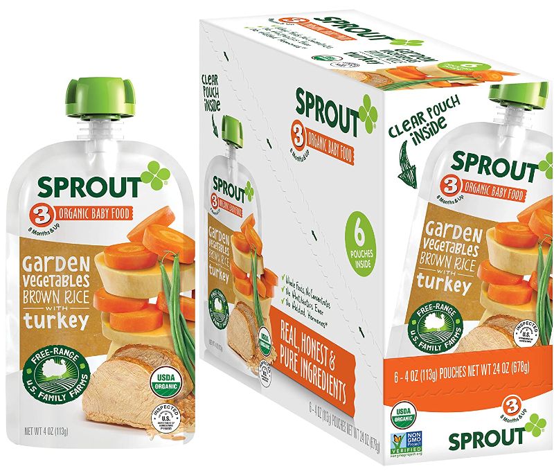 Photo 1 of 
Sprout Organic Baby Food Pouches Stage 3, Organically Sourced Meat Protein, Garden Vegetables Brown Rice w/ Turkey, 4 Ounce (Pack of 12)
EXP 6/22