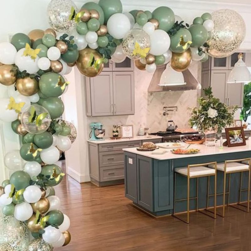 Photo 1 of 131pcs Olive Green Balloon Garland Arch Kit? Party Decorations with Butterfly Wall Stickers, Gold Metallic Chrome Latex Balloons Set , Wedding ,Birthday Party Balloons Baby Shower Decorations