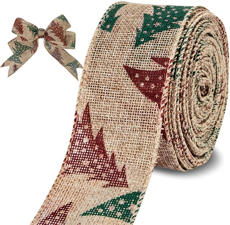 Photo 1 of Christmas Tree Ribbon Wired, Vintage Christmas Burlap Ribbon for Christmas Tree, Christmas Ribbon for DIY Wrapping Wreaths Crafts Decoration, 2 Inch x 10.9 Yard (2ROLLS)