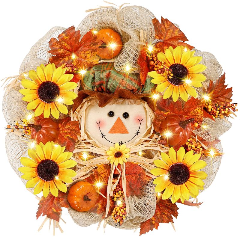 Photo 1 of Brwoynn Fall Door Wreath, Thanksgiving Harvest Door Wreath for Front Door with Maple Leaf, Pumpkins, Fall Harvest Scarecrow Decor for Fall Autumn Harvest Thanksgiving Decorations