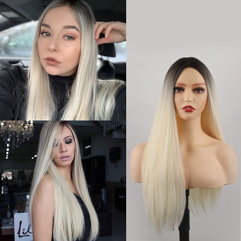 Photo 1 of Long Ombre Blonde Lace Front Wig Straight Synthetic Headband Wigs for Women Dark Roots Heat Resistant Wigs for Cosplay Daily Party 24'' Use For Fashion Women(wg-001)
