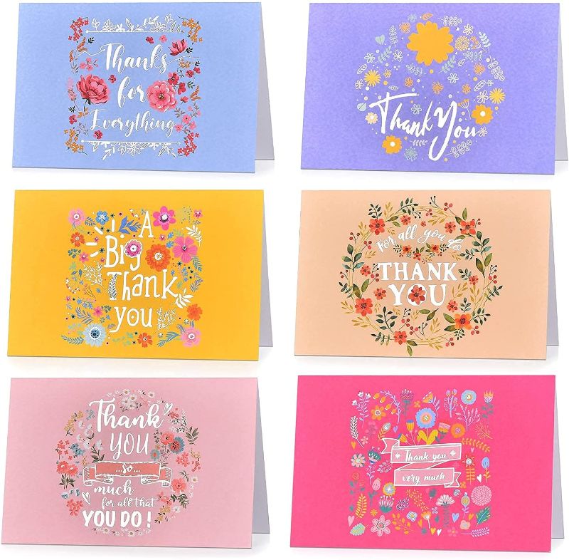 Photo 1 of 24 Pack Colorful Flower Thank You Cards with Envelopes, Elegant Bulk Thank You Notes Blank Floral Greeting Cards for Weddings Birthday Baby Shower- 4 x 6 inch
