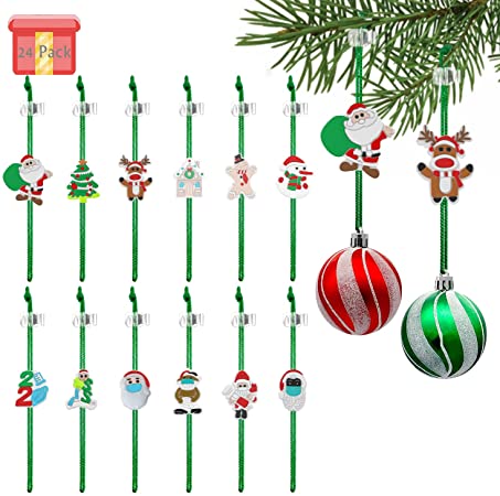 Photo 1 of 24 Pack 2021 Christmas Ornament Hooks, No Slip Christmas Tree Hanger Strings with Adjustable Fastener Snap Locking, Heavy Duty Green Hanging Rope for Xmas Party Decoration Decor
