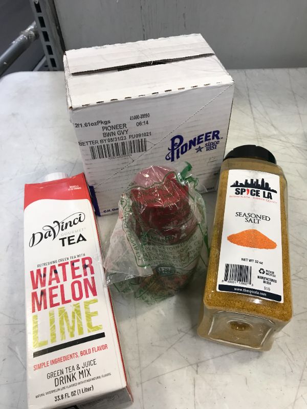 Photo 1 of (4 Pack) Pioneer Brand Brown Gravy Mix, 1.61 Oz BB 2023 / Broth Liq Concntr Chkn Case of 6 X 12 Oz by Kitchen Accomplice BB UNKNOWN / Spice LA Seasoned Salt 32 Oz BB 11 22 / DaVinci Gourmet Watermelon Lime Tea Refresher, 33.8 Ounces BB 03 14 22



