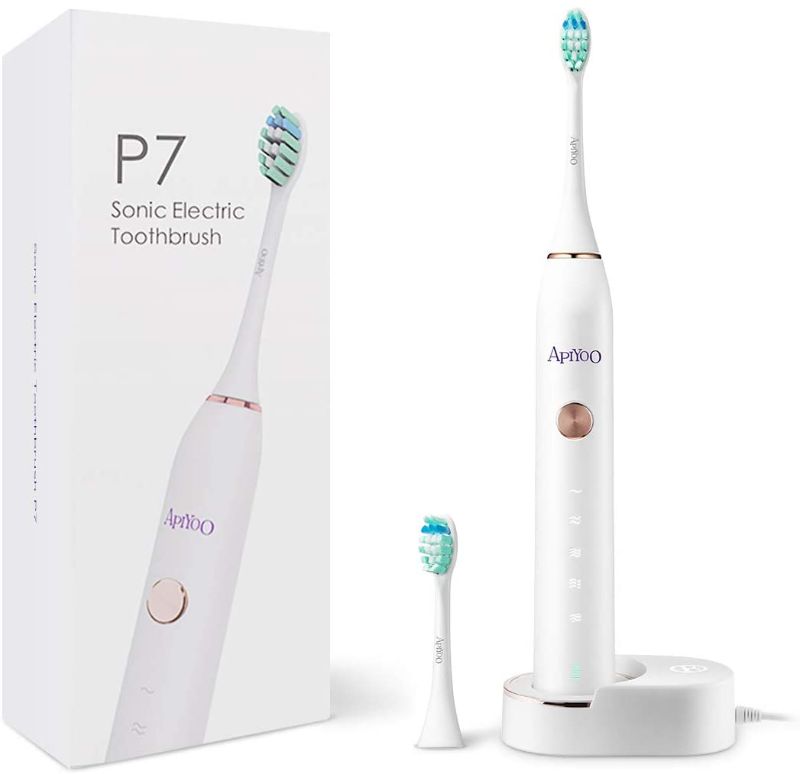 Photo 1 of Apiyoo P7 Rechargeable Toothbrush Sonic Electric Toothbrush,IPX7 Waterproof 5 Brushing Modes, 2 Min Smart Timer for Adults (White)
