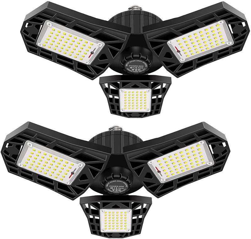 Photo 1 of 2-Pack LED Garage Light 60W Garage Lighting - 6000LM 6500K LED Deformable Garage Ceiling Lights, LED Shop Light with Adjustable Multi-Position Panels, LED Glow Light for Garage, Workshop