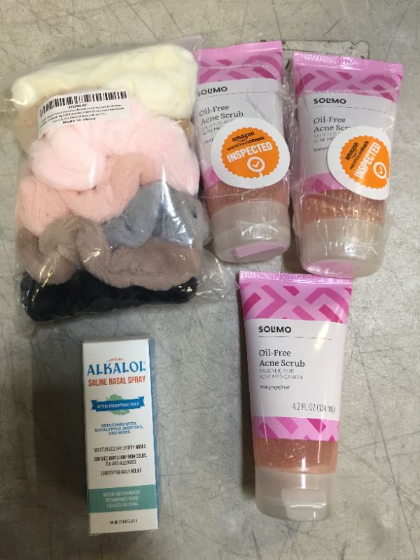 Photo 4 of Alkalol Solution Saline Nasal Spray EXP 05/22, 3 Solimo Oil-free Pink Grapefruit Facial Scrub, 7pack of hair scrunchies 
