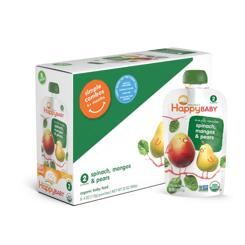 Photo 1 of Happy Baby Organic Stage 2 Baby Food Simple Combos Pear Mango Spinach, 4 Ounce Pouch (Pack of 8) EXP 12NOV2022
