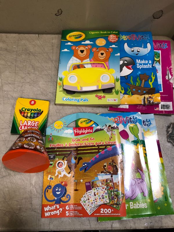 Photo 1 of Kids coloring books, crayons, slime 