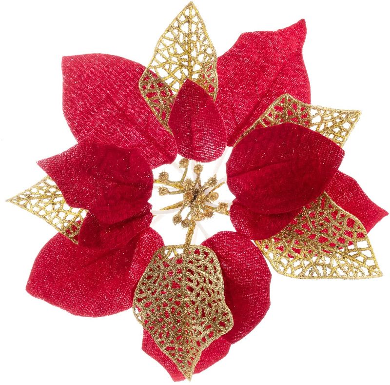 Photo 1 of 10 Pack Christmas Poinsettia Flowers Glitter Poinsettia Bushes Christmas Tree Flowers Christmas Poinsettia Ornament, Artificial Poinsettia Flowers Christmas Decorations-Red
