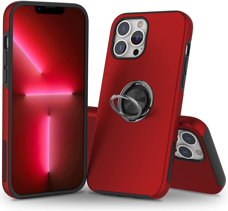 Photo 1 of NYSRZY Compatible with iPhone 13 Pro Case 6.1" with Ring Stand, Shockproof Anti-Scratch Full-Body Protective Cover Case with 360° Rotation Ring Magnetic Kickstand for Apple iPhone 13 Pro 2021 (Red)