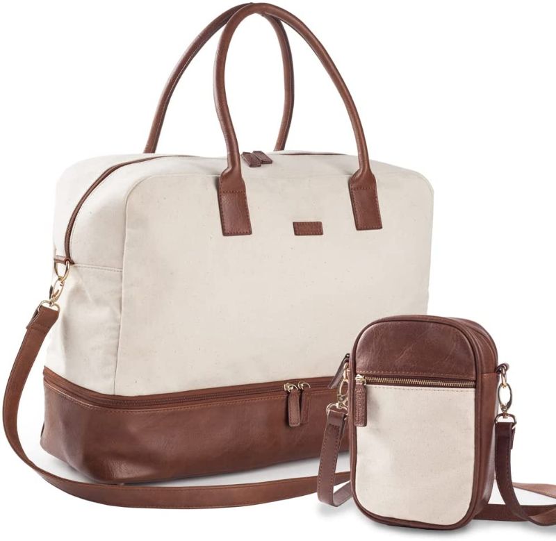 Photo 1 of Viva Terry Canvas Weekender Bag, Overnight Travel Carry On Duffel Tote with Shoe Pouch (Ivory)
