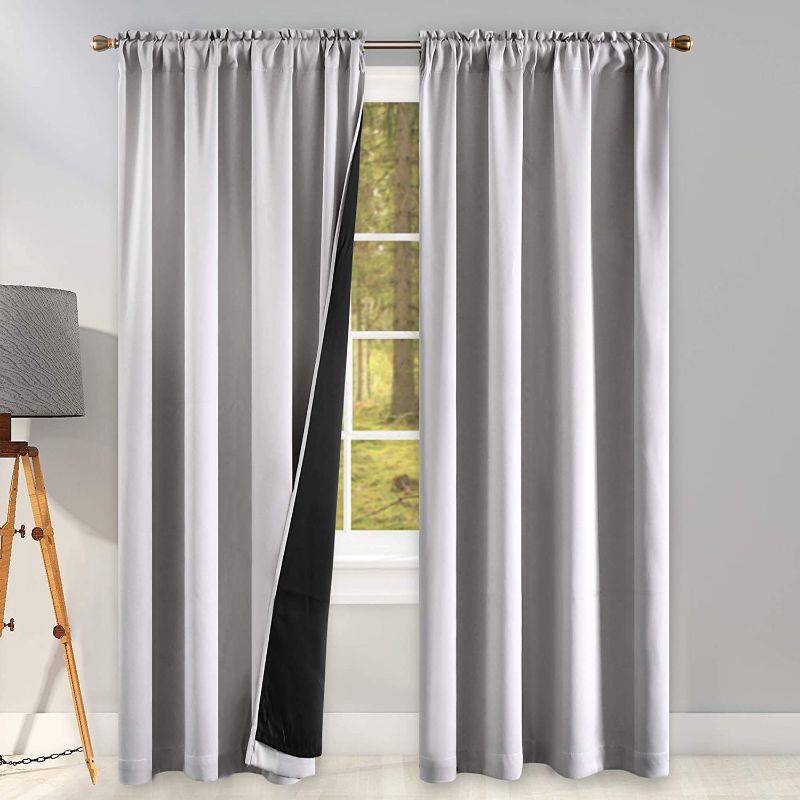 Photo 1 of 100 Blackout Curtains with Black Liners - Solid Thermal Insulated Full Blackout 2-Layer Lined Drapes - Energy Efficiency Window Draperies for Bedroom (2 Panels 42 by 84 Inch Light Grey)