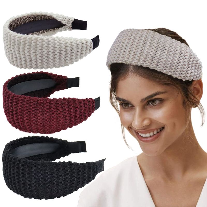 Photo 1 of LIHELEI Wide Headband for Women, Thick Knitted Headband Fashion Head Wrap in Solid Color Non-slip for Daily Festival Gift-3PCS Black/Red/White
