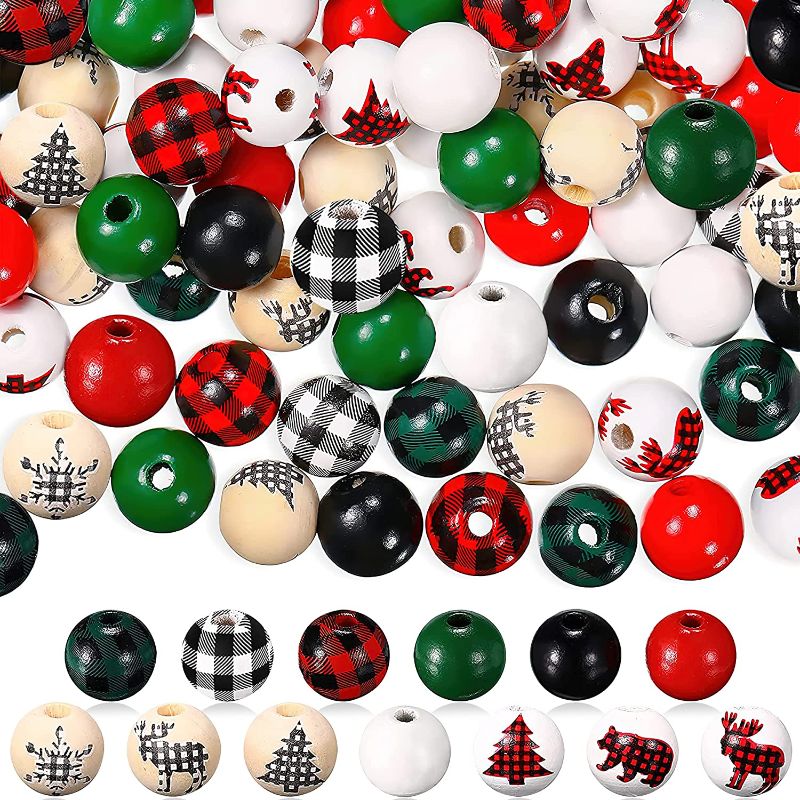 Photo 1 of 200 Pieces Christmas Wooden Beads Red Green Black White Buffalo Plaid Wood Bead Natural Polished Farmhouse Beads for DIY Jewelry Bracelet Garland
