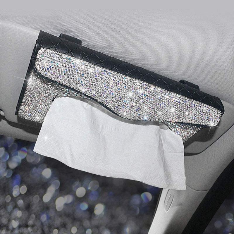 Photo 1 of Dotesy Sparkling Bling Car Visor Tissue Holder Leather Crystals Paper Towel Cover Case for Women(White-Black)
