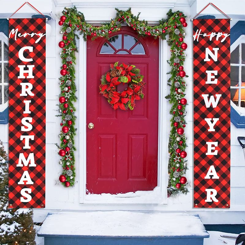 Photo 1 of Christmas Porch Door Decorations, Merry Christmas Happy New Year Banners - Red Plaid Christmas Porch Signs Wall Decor Outdoor, Front Door Porch Christmas Decorations Outside Indoor Yard Home, 71”x14”
