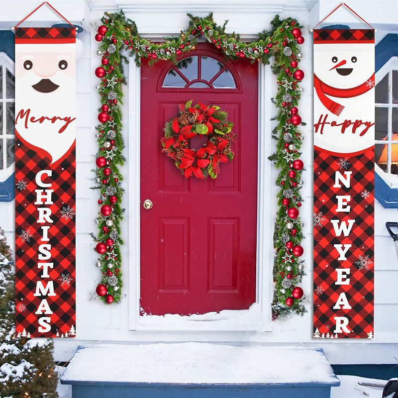 Photo 1 of Christmas Door Porch Decorations, Merry Christmas Happy New Year Banners - Red Plaid Christmas Porch Signs Wall Decor Outdoor, Front Door Porch Christmas Decorations Outside Indoor Home Yard, 71”x14”
