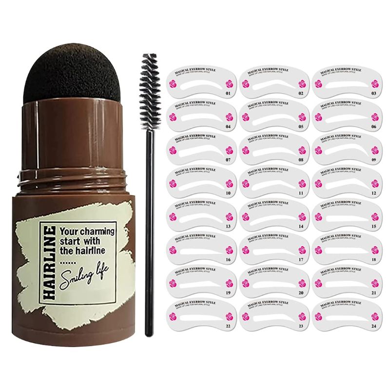 Photo 1 of ?26 Pcs?Eyebrow Stamp Shaping Kit, 1 Eyebrow Powder Stamp 1 Eyebrow Pen Brushes 24 Reusable Eyebrow Stencils, Eyebrow Stamp, Eyebrow Stamp Kit, Eyebrow Definer, Hairline Shadow Waterproof Powder Stick (Black)
