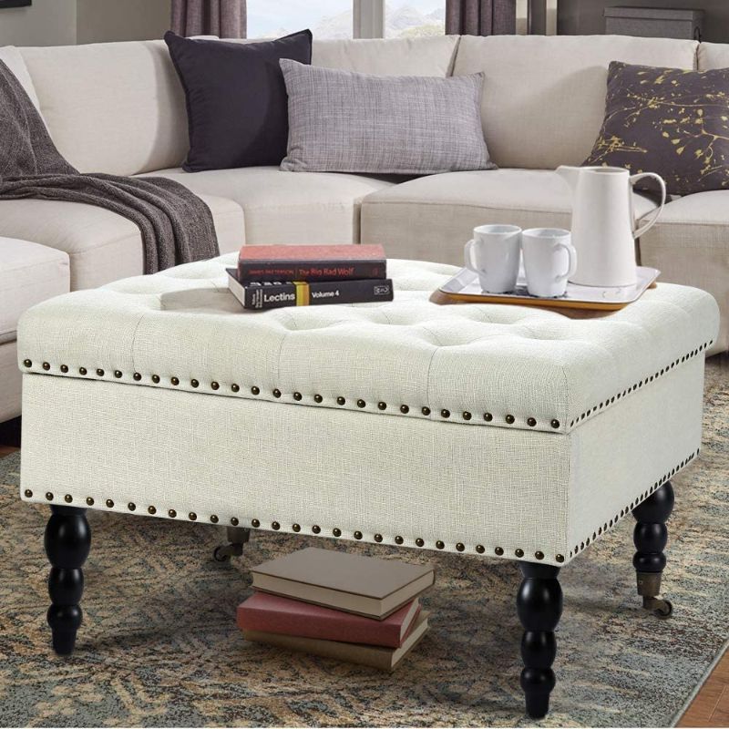 Photo 1 of AVAWING 29" Square Tufted Button Storage Ottoman Table Bench with Rolling Wheels Nailhead Trim Linen Fabric Foot Rest Stool/Seat for Bedroom, livingroom and Hallway (White)
