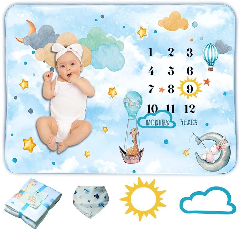 Photo 1 of KELVINO Baby Milestone Blanket – Soft & Fluffy Premium Flannel Fleece Baby Growth Chart Blanke-Light Blue & White 60 x 40 inches