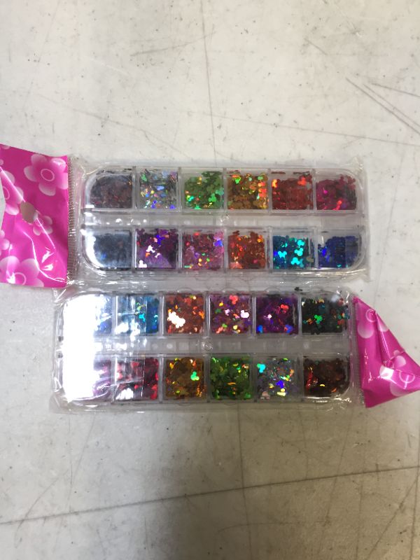 Photo 2 of 12 Colors Holographic Nail Art Glitter 3D Nail Charms -Sequins Flakes-DIY Nail Supplies Manicure Tips