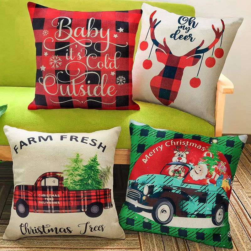 Photo 1 of BININBOX Linen Christmas Pillow Covers 18x18 Inches-SET OF 4