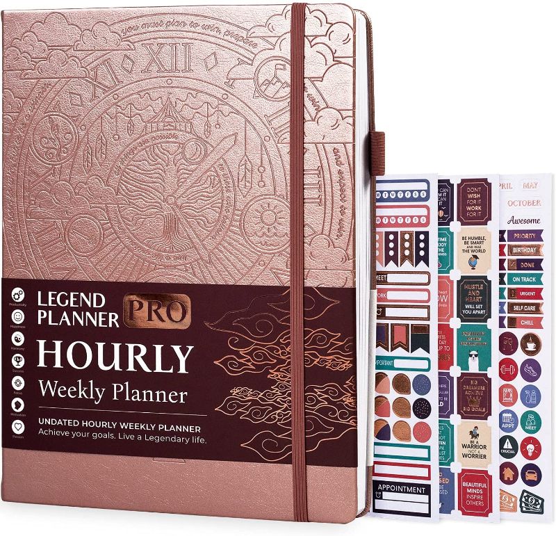 Photo 1 of Legend Planner PRO Hourly Schedule Edition - Undated Deluxe Weekly & Daily Organizer with Time Slots. Time Management Appointment Book Journal for Work & Personal Life, A4 Size Hardcover - Rose Gold
