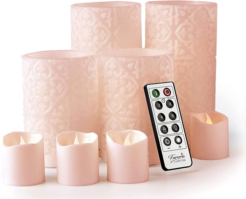 Photo 1 of Furora LIGHTING Flameless Candles Pink Room Decor Candles Set of 8 with Remote Control and Timer, Real Wax Pink Pillar Candles and Votive Candles Flickering LED Candles for Room Decor and Accessories
