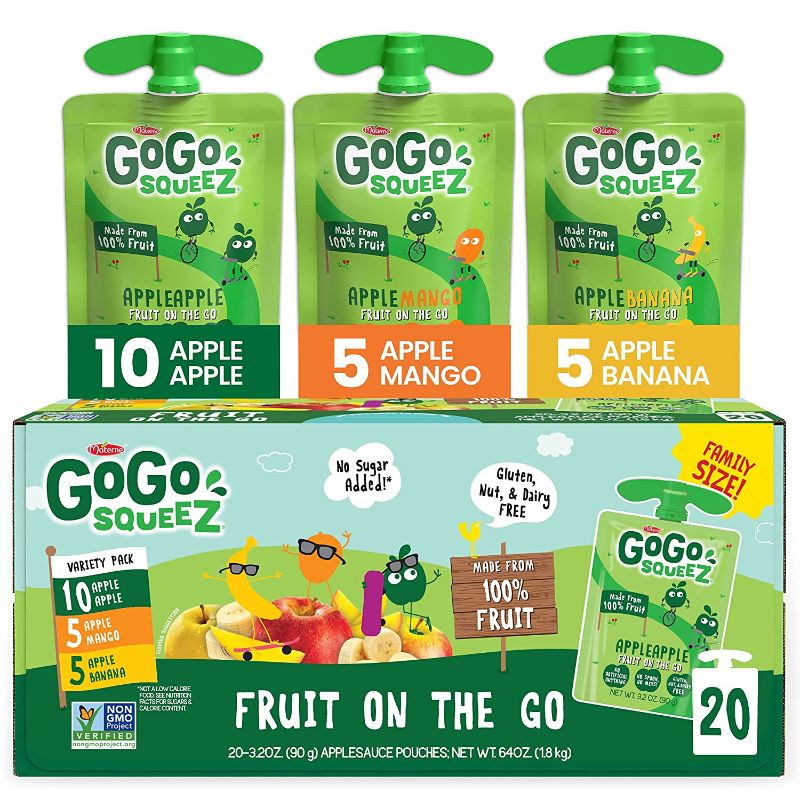 Photo 1 of GoGo SqueeZ Fruit on The Go Variety Pack, Apple, Banana, & Mango, Tasty Kids Applesauce Snacks, Gluten, Nut & Dairy Free, Vegan, 3.2 Oz, Pack of 20 BB 03/09/2022
