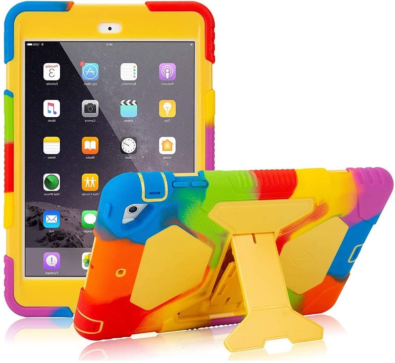 Photo 1 of Pad Mini Case, iPad Mini 2 Case, iPad Mini 3 Case.iPad Mini has Three Layers of Armor Protection with Shock-Proof and Fall-Proof Function, and it has an Adjustable Bracket (Rainbow/Yellow)