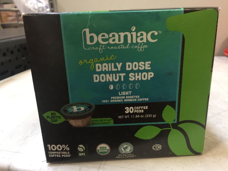 Photo 2 of beaniac Organic Daily Dose Donut Shop| Light Roast, Single Serve Coffee K Cup Pods 30ct BB 02/11/2022