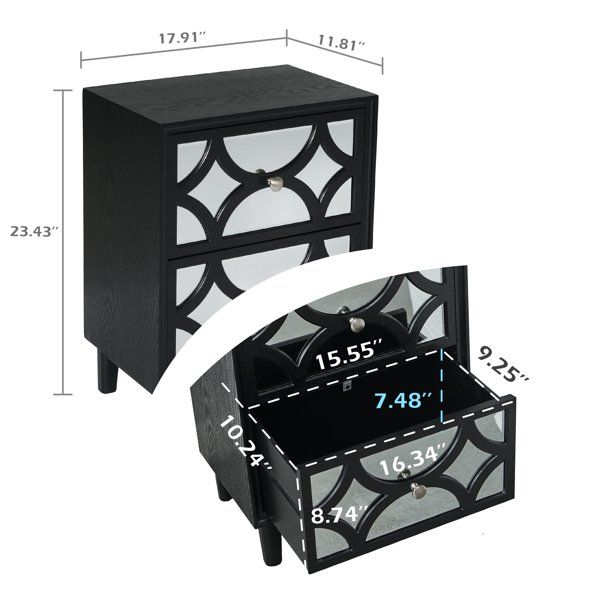 Photo 1 of COZAYH Contemporary Mirror Front 2-Drawer Nightstand, Black
