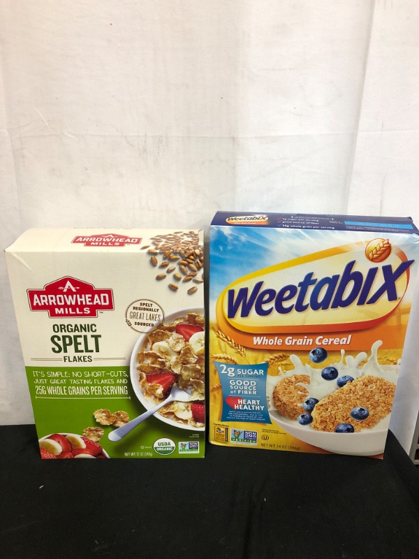 Photo 1 of 2PC LOT
Arrowhead Mills Spelt Flakes Organic Cereal, 12 Ounce Box 10/04/21

Weetabix Whole Grain Cereal Biscuits, Non-GMO Project Verified, Heart Healthy, Kosher, Vegan, 14 Oz Box, EXP 07/29/22
