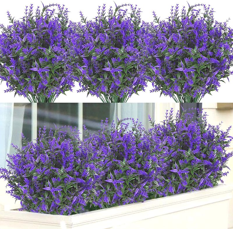 Photo 1 of 9 Bundles Artificial Lavender Flowers UV Resistant Plastic Fake Plants Flowers for Indoor Outdoor Home Garden Window Box Wedding Party Decor
