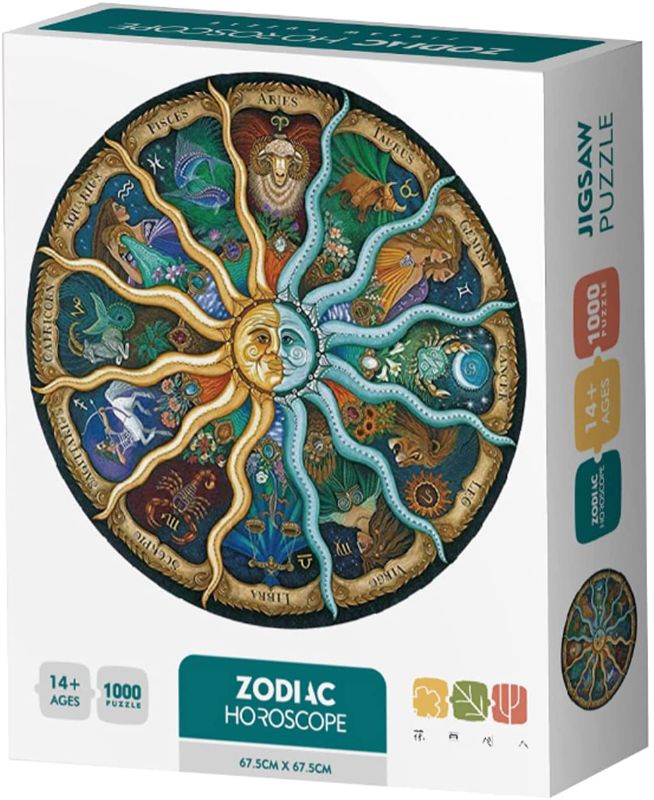 Photo 1 of Round Jigsaw Puzzle 12 Constellation 1000 Pieces for Adults and Kids Educational Games Zodiac Horoscope Puzzles for Gift
