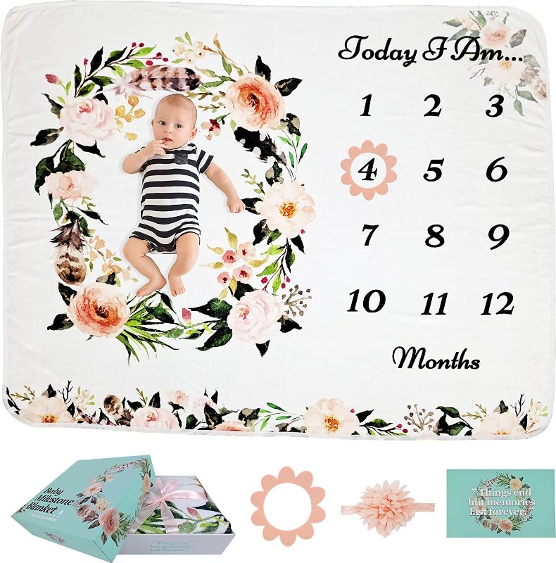 Photo 1 of StableLifeOnWith Baby Monthly Milestone Blanket Girl and Boy - Baby Shower Gifts - Nursery Decor & Swaddle - Floral Blankets for Newborn Photo
