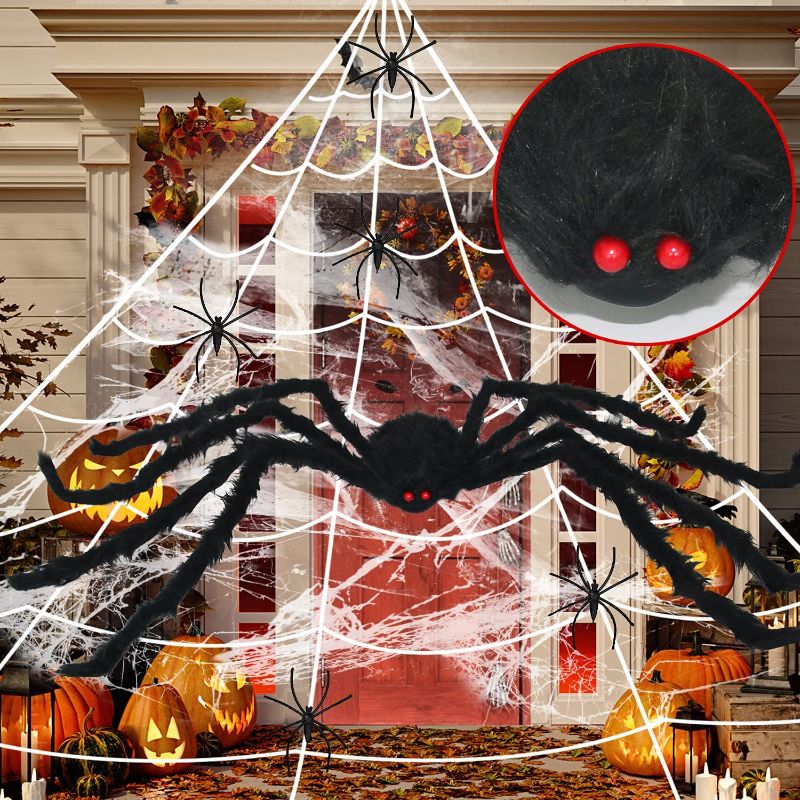 Photo 1 of 200" Halloween Spider Web Decorations, 50" Giant Fake Spider Decorations with Scary Triangular Huge Spider Web + Stretch Spider Cobweb for Indoor and Outdoor Halloween Party Decor Supplies (White)
