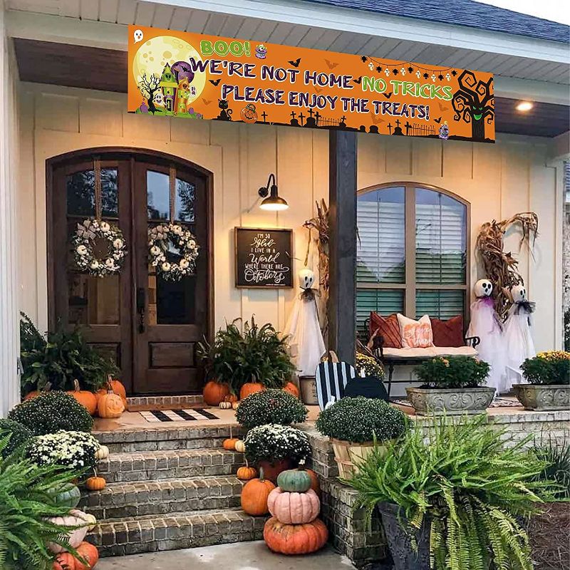 Photo 1 of 2PC LOT
We Are Not Home No Tricks Please Enjoy The Treats Banner for Halloween Party, Happy Halloween Decorations for People Who Are Not at Home, L 98.42 inch *H 19.68 inch

2021 Hanging Halloween Decoration Gnomes Swirls (30Pcs Fully-Assembled) Foil Ceil