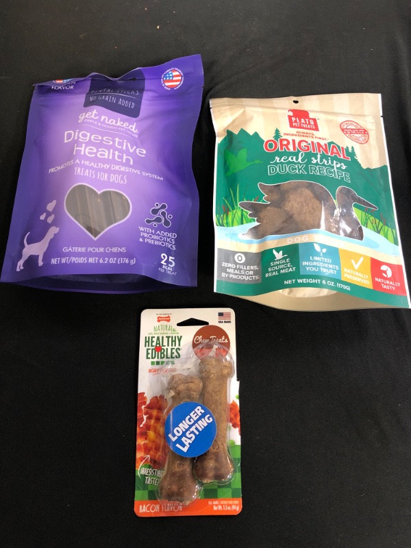 Photo 1 of 3PC LOT, PET SNACKS 
Get Naked Grain Free 1 Pouch 6.2 Oz Digestive Health Dental Chew Sticks, Small EXP 12/18/22

PLATO Original Real Strips Duck 6oz, brown EXP 02/22/23

Nylabone Healthy Edibles All-Natural Long Lasting Dog Chew Treats


