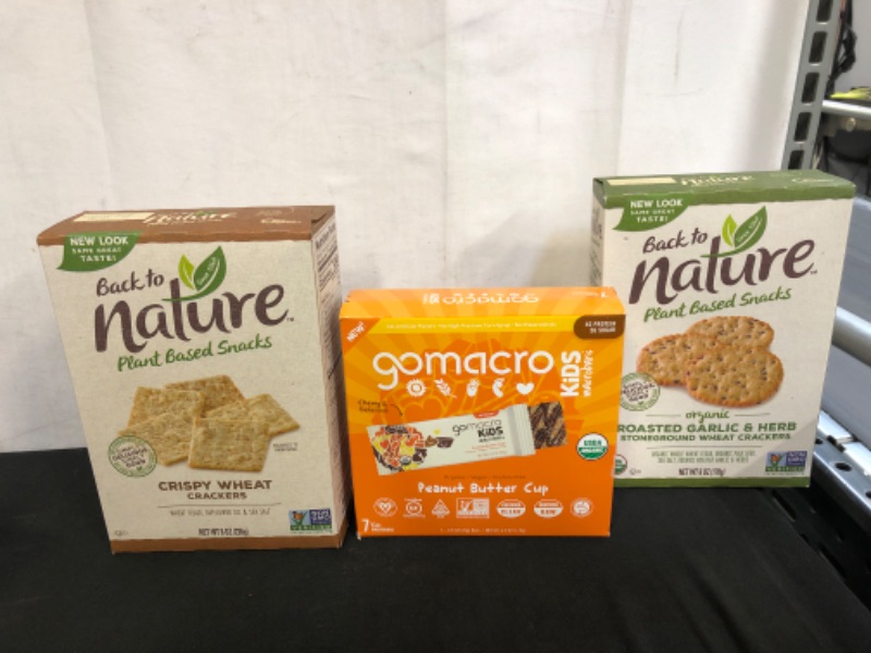 Photo 1 of 3PC LOT
GoMacro Kids MacroBar Organic Vegan Snack Bars - Peanut Butter Cup (0.90 Ounce Bars, 7 Count) EXP 02/23/22

Back to Nature Crackers, Non-GMO Crispy Wheat, 8 Ounce EXP 11/28/21

Back to Nature Non-GMO Crackers, Organic Roasted Garlic & Herb, 6 Ounc